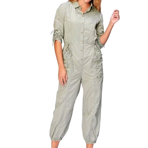 XCVI Women's AQUILA Nylon Jumpsuit Sz L Sage Loose Drawstring Button Up Gorpcore - Picture 1 of 13